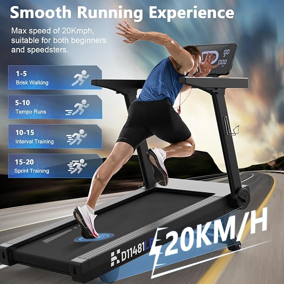 Treadmills for Home, Foldable Treadmill with 20% Auto Incline, 20KM/H, 7HP, 180KG Weight Capacity, Running Machine for Heavy People with LED Display, Heart Rate Monitor, Bluetooth Speakers