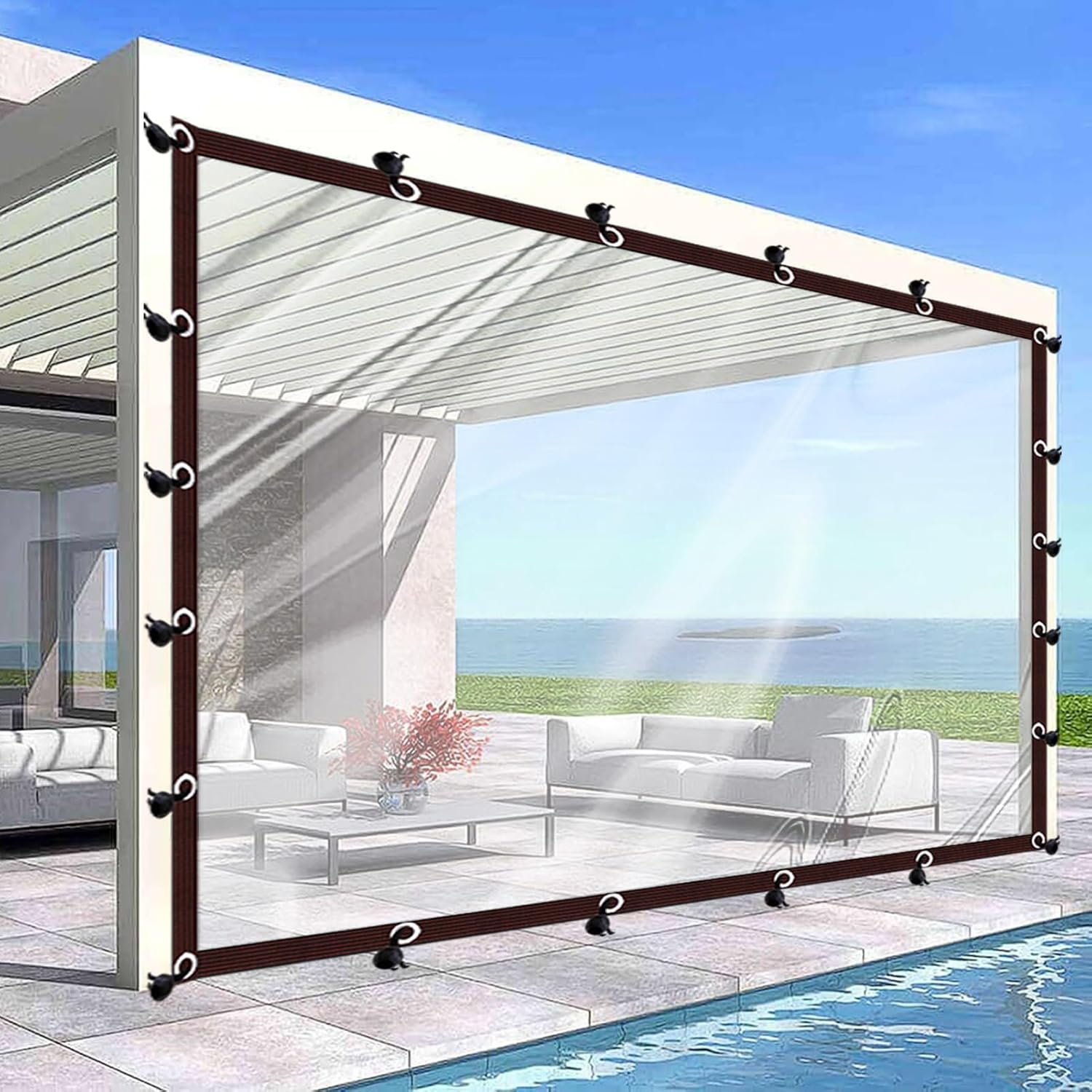 Bâche PVC Transparente 8x16FT (2,5x5m) – Imperméable, Pour Patio, Terrasse, Rideau Extérieur, épaisseur 0,5mm