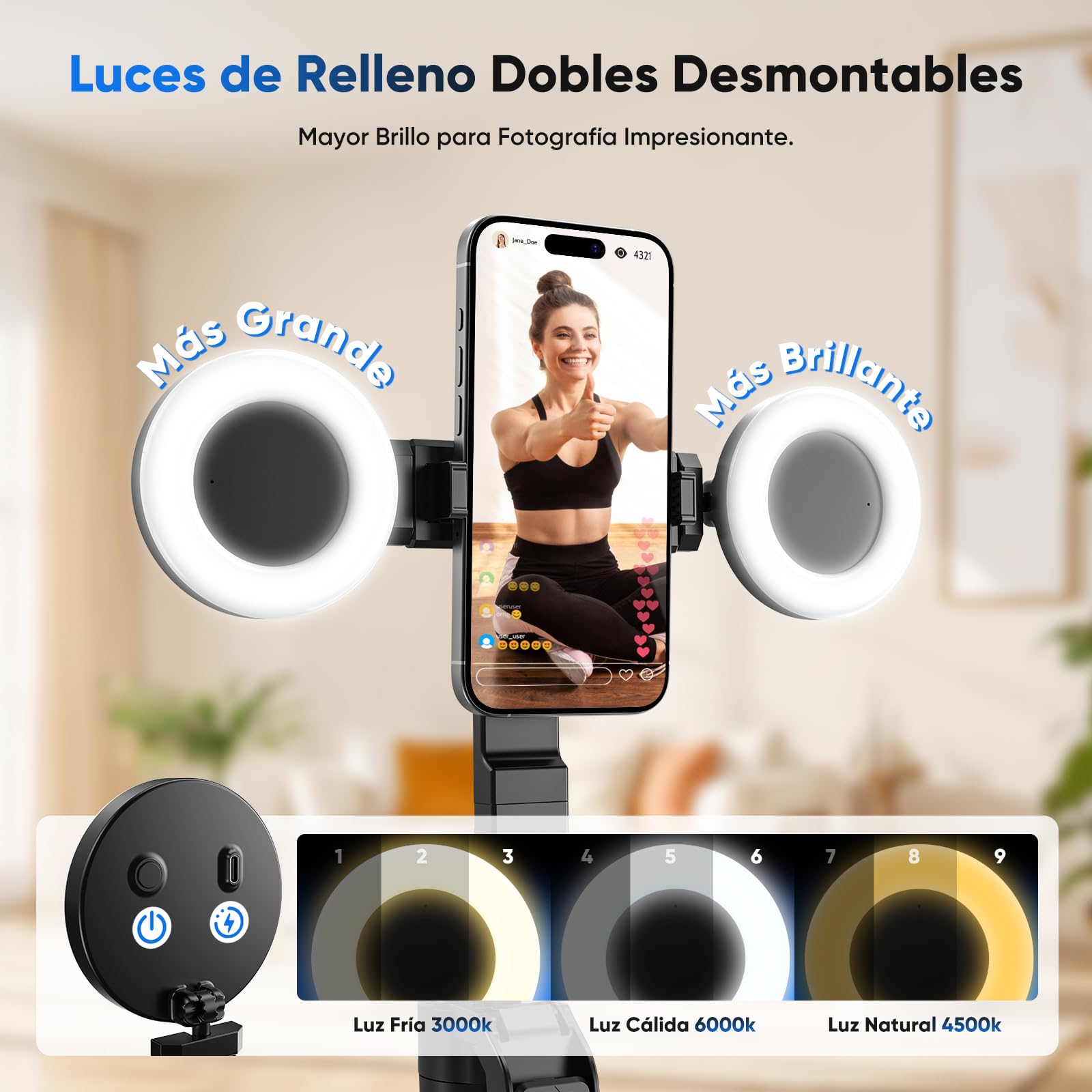 Jeebel Trípode de Seguimiento Facial 180cm Extensible Selfie Pole con Luz LED/Control Gestos/Control Remoto/NO App/360°Giratorio - Estabilizador Gimbal para Teléfono Action-Cam DSLR de Video Live Vlog