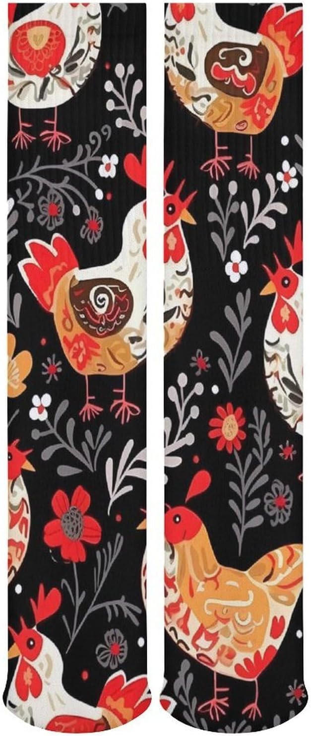 Breathable Crew Sock, Moisture Wicking, Athletic Calf Socks, Cozy | Cute Rooster Chickens Compression Socks for Women Men, Lightweight High Work Socks for Business, Casual