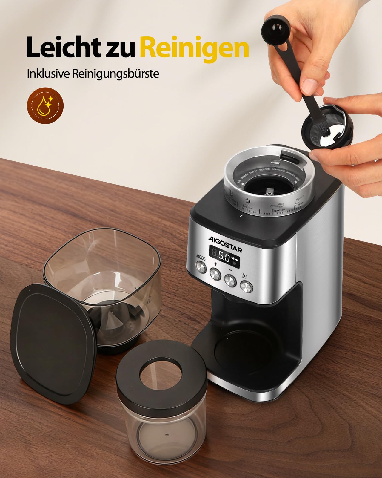 Aigostar Elektrisch Kaffeemühle mit 52 Mahleinstellungen, Kegelmahlwerk Geeignet für Espresso, Professionelle Elektrische Kaffeemühle mit Präzisem Digital Display, Edelstahl Coffee Grinder, Silber
