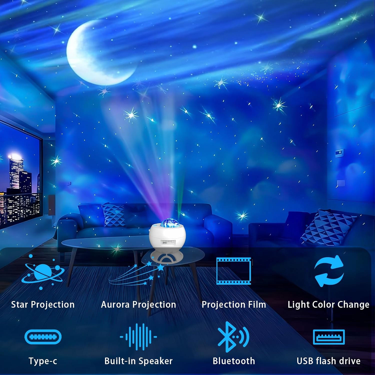 Aurora Projector,Star Projector,Northern Lights Projector,16-Color Galaxy Projector,Moon Projector,Galaxy Projector for Bedroom,Bluetooth Speaker,Aurora Light Projector,Room Decor (White)