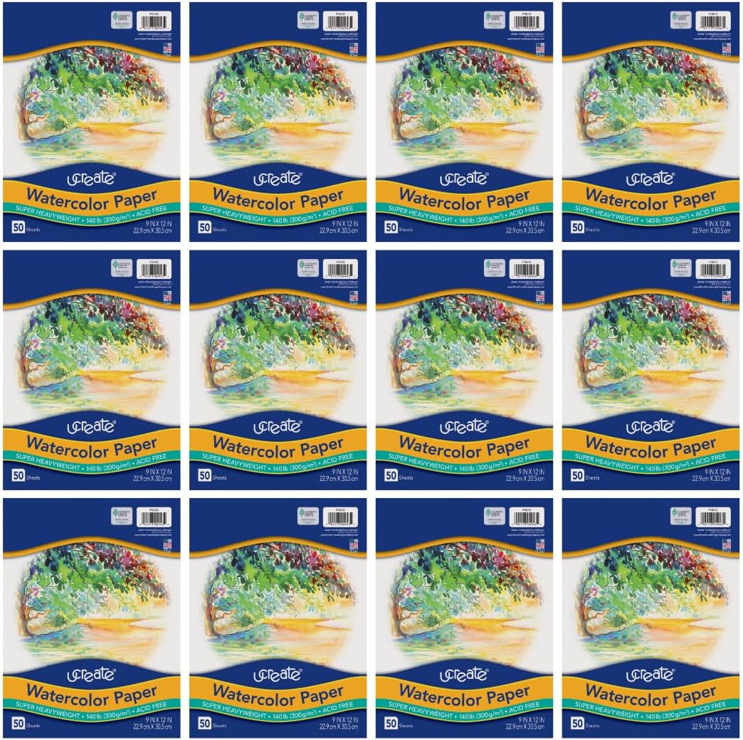 UCREATE Super Heavyweight Watercolor Paper, White, 140 lb., 12" x 18", 50 Sheets/Pack