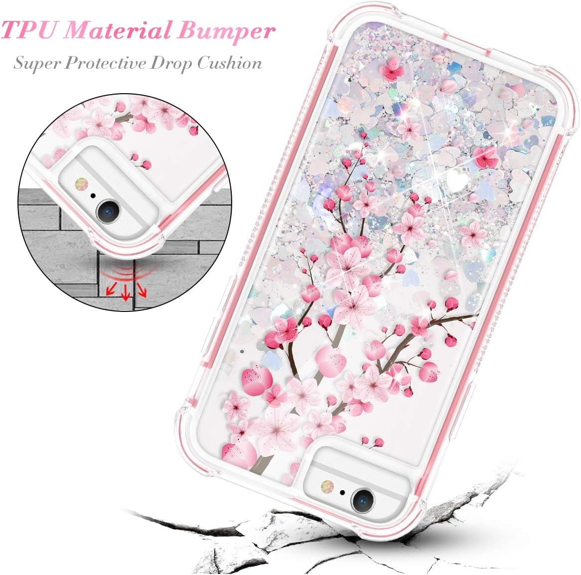 Caka Glitter Case for iPhone 6S Plus, iPhone 6 Plus 6S Plus 7 Plus 8 Plus Flower Case Bling Liquid Girls Girly Women Protective Case for iPhone 6 Plus 6S Plus 7 Plus 8 Plus 5.5 inch (Cherry Blossom)