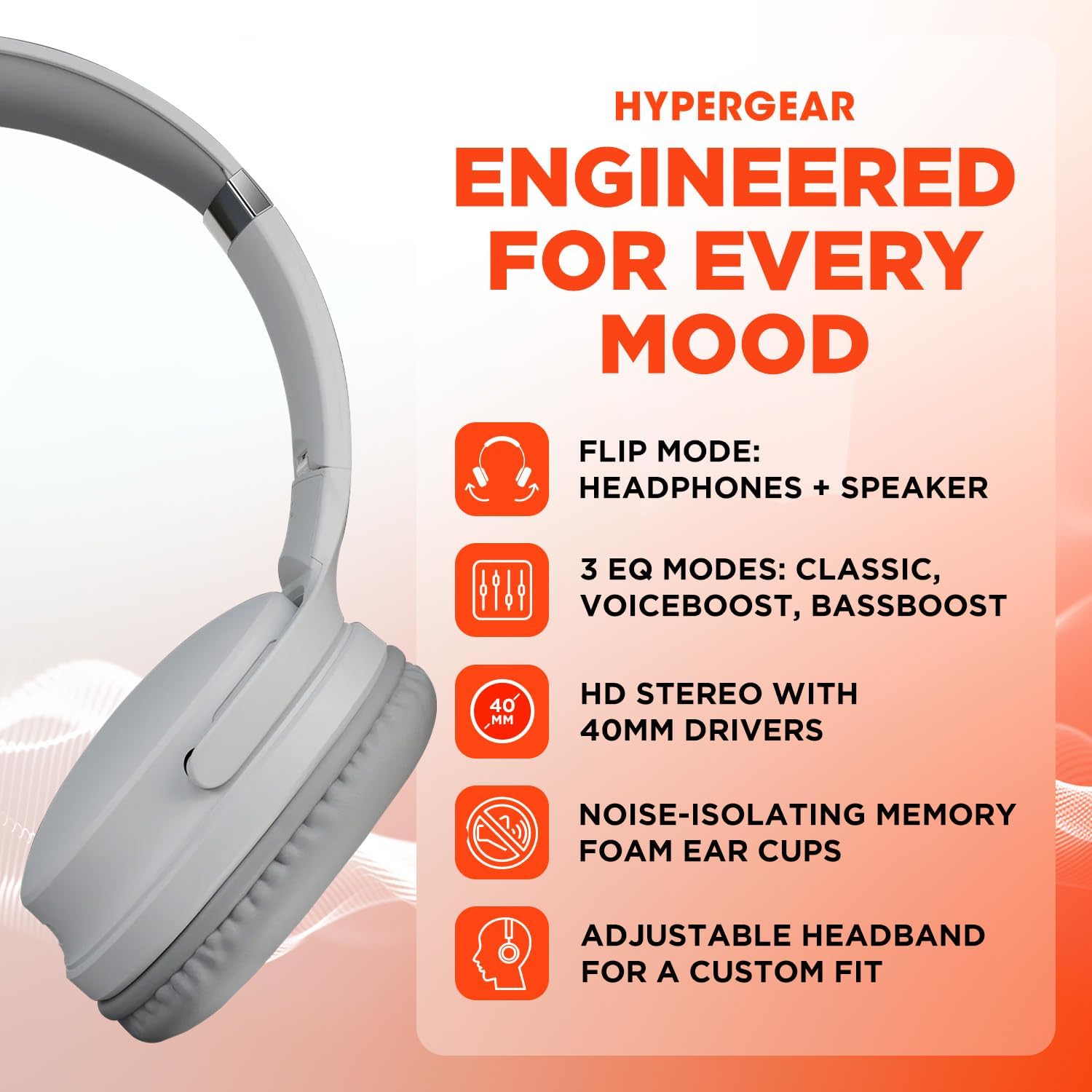 HyperGear White Wireless Headphones - Over Ear Bluetooth Headphones, Over the Ear Noise Cancelling Gym Head Phones Women & Men Wireless Bluetooth Workout Flip Earcups In for Solo, Out for Stereo Music - Image 2