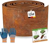 Corten Steel Lawn Edging 12 m x 15 cm, Flexible Flower Bed Edging with Grate, Weatherproof Metal Flower Bed Edging for Garden, Flower Beds, Lawn, Gloves - 1