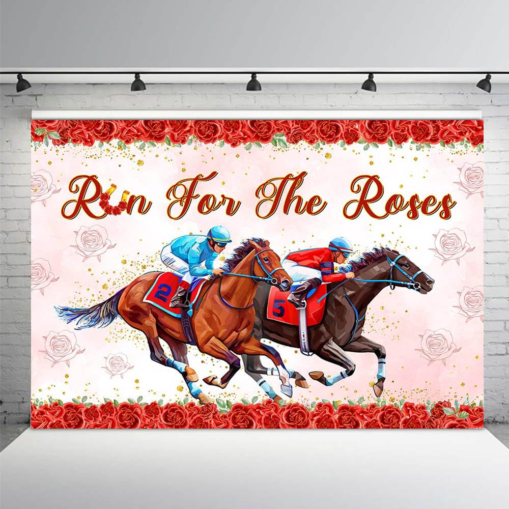 AIBIIN Kentucky Run for The Roses Party Backdrop, Derby Day Background Supplies for Horse Racing Birthday Party Racetrack Stadium Wall Home Decor