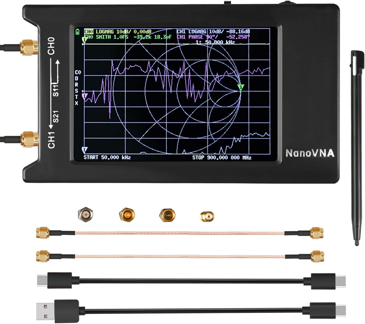 NanoVNA-H4 Vector Network Analyzer Kit 10KHz-1.5GHz HF VHF UHF Antenna Analyzer Measuring S Parameters, Voltage Standing Wave Ratio, Phase, Delay, Smith Chart with 4" LCD Touch Screen Nano VNA