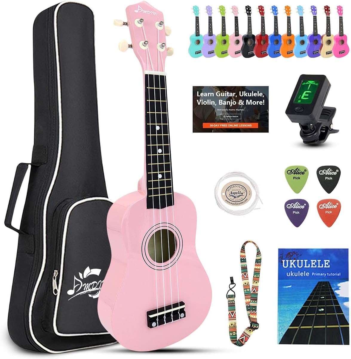 Soprano Ukulele for Kids 21 Inch Hawaiian Wood Ukelele Beginner Kit | Incl. Online Lesson Gig Bag Strap Nylon String Tuner Picks - Pink Adult Starter Ukalalee Set Student Ukalelee Christmas Gift