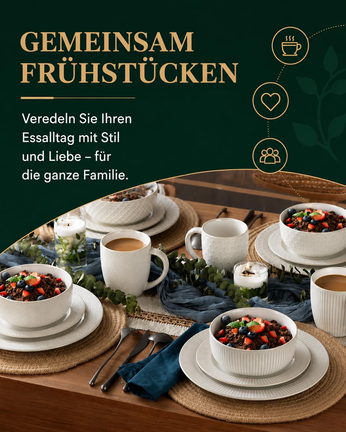 12-teiliges Keramik Geschirrset für 4 Personen, Steinzeug Teller & Schalen Set, Mikrowellen- & Spülmaschinengeeignet, Kratzfest & Bleifrei, Modernes Streifen Design, Weiß