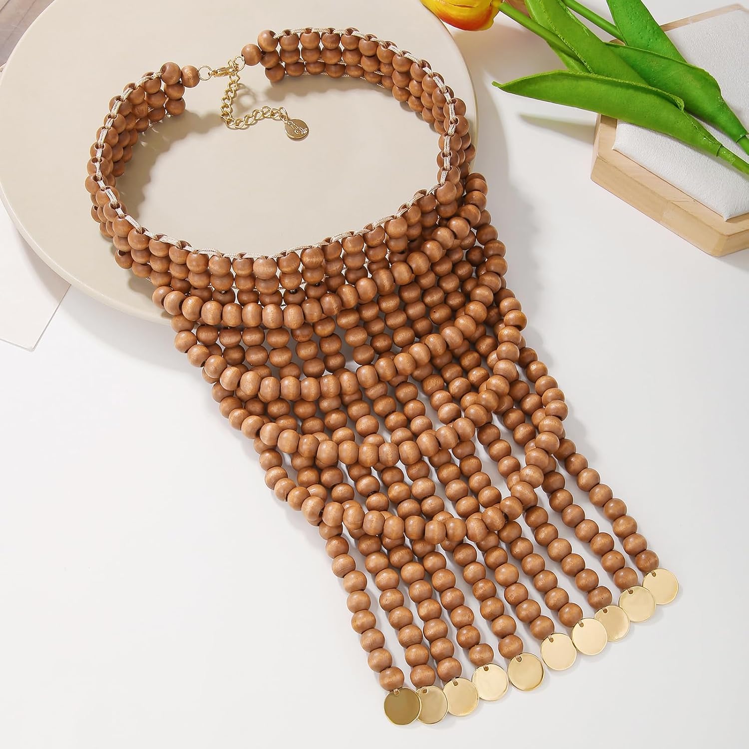 Coiris Boho African Wooden Beaded Bib Statement Choker Necklace Long Multi Strand Chunky Layered Collar Necklace for Women Handmade Jewelry(N0123) - Image 3