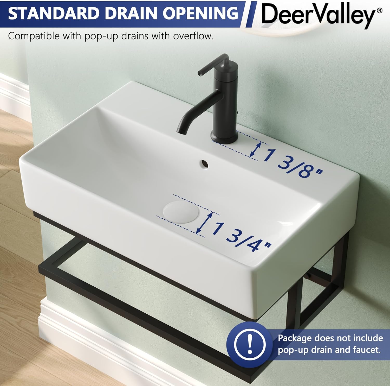 DeerValley 22x14 Inch Wall-Mounted Bathroom Sink with Towel Rack, White Ceramic Floating Sink with Single Faucet Hole and Overflow, Model DV-1WS0322B