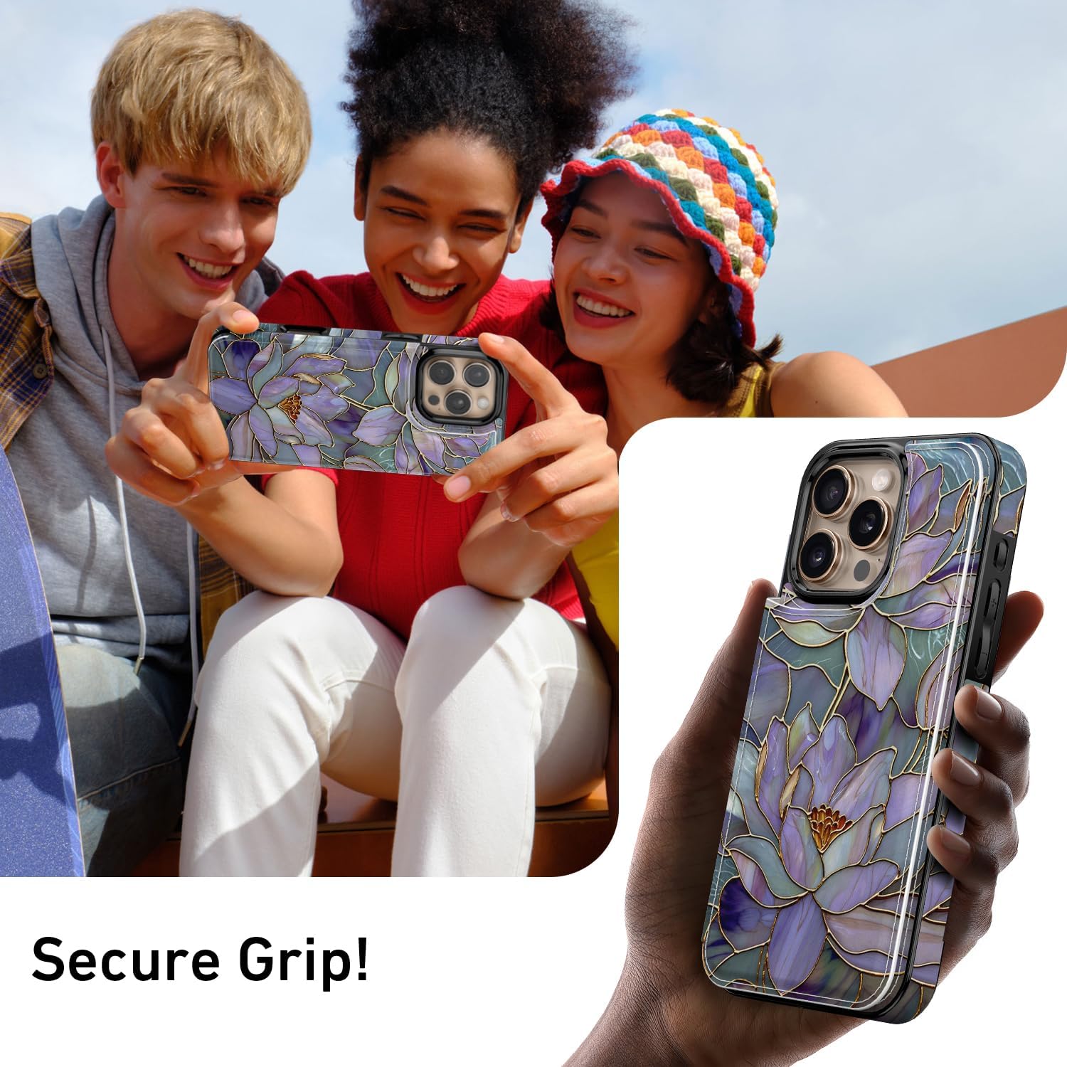 FUNMIKO for iPhone 16 Pro Wallet Case with Card Holder, RFID-Blocking, Military-Grade Protection & UV-Printed Artwork, Magnetic Closure with Leather Kickstand - Dreamy Lotus - Image 7