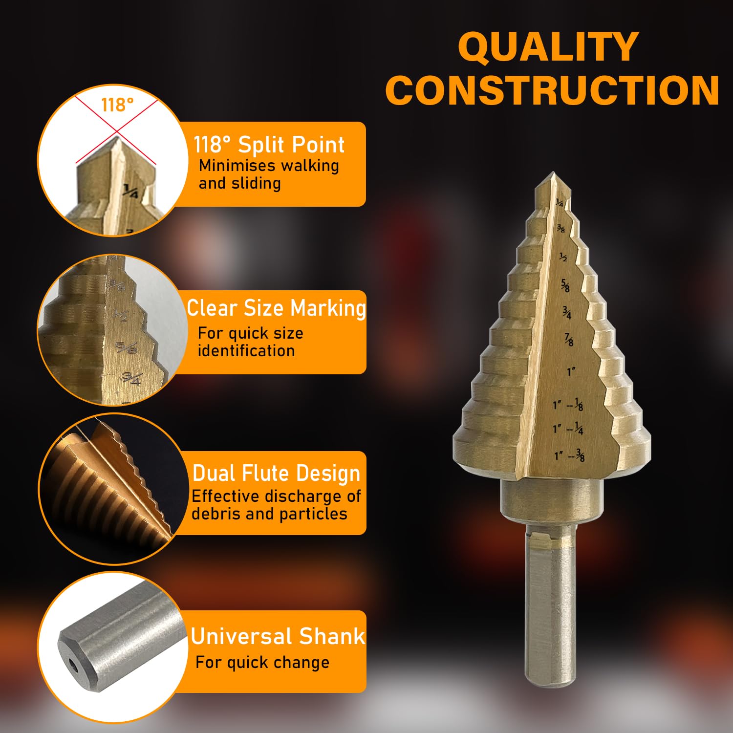 6-Piece HSS Titanium Step Drill Bit Set With Automatic Center Punch - High Speed Steel