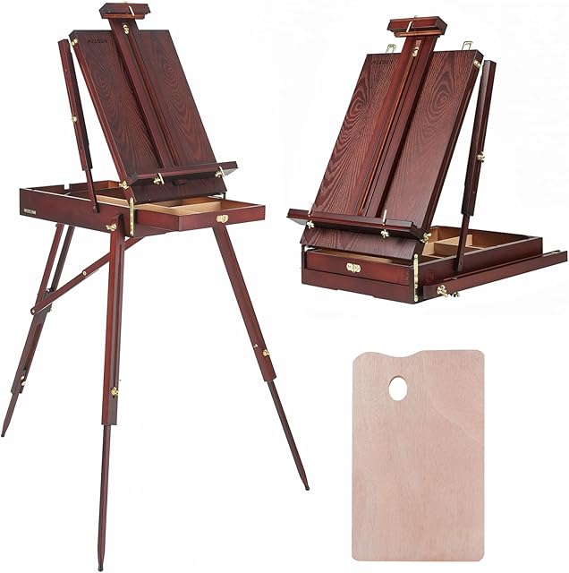 MEEDEN French Style Wooden Sketchbox Easel with Fodable Legs,Drawer Storage and Palette Tray,Portable Artist Easel Box for Outdoor Painting,Tripod Easel Stand for Sketching,Display
