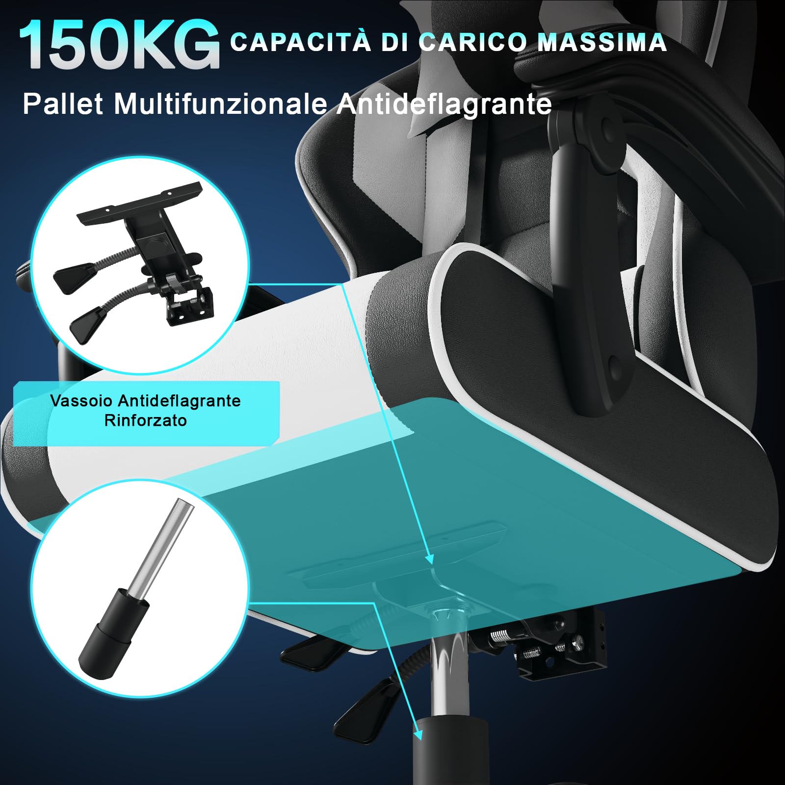 JUMMICO JETSTREAM Poltrona Gaming Ergonomica Con Poggiapiedi, Poggiatesta, Massaggio E Sollevamento Pneumatico, 150 Kg, Bianco