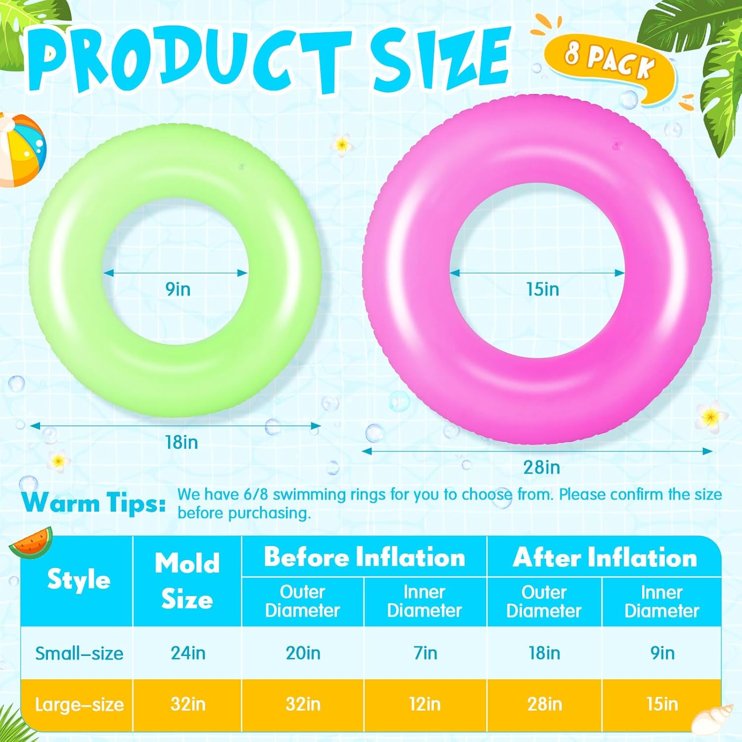 8pcs Transparent Inflatable Pool Float Adult with 2 Sizes, Swimming Rings Tubes Raft Floats Rings Inner Tubes for Summer Pool Party Decorations