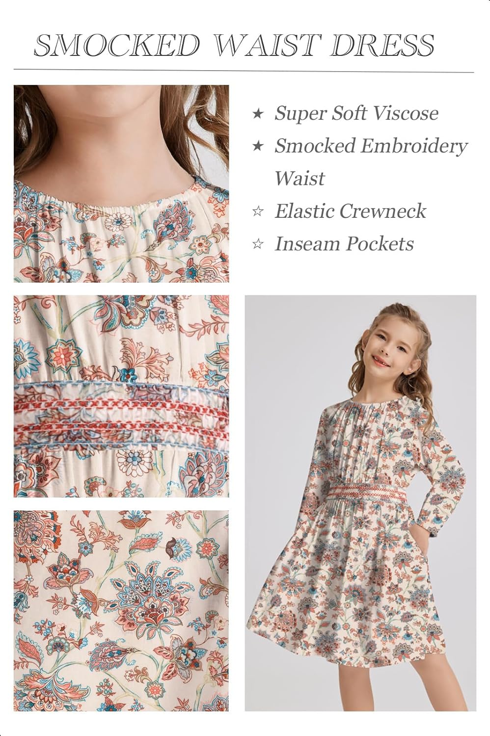 Girls Floral Smocked Waist Dress Church Holiday Playwear Soft Midi Dress with Pockets - Image 4