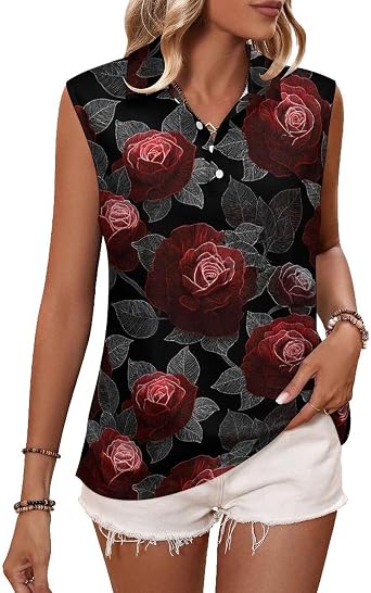 Women Floral Print Sleeveless Moisture Wicking Athletic Shirt Quarter Button Pullover Golf Polo Shirts
