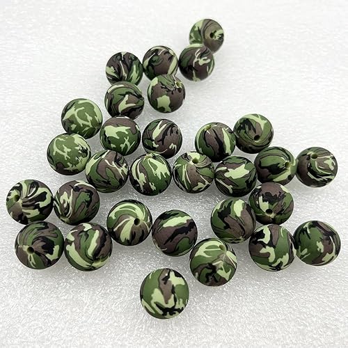 Miniatura 4 de 30 cuentas de camuflaje de silicona, cuentas verdes impresas de 0.59 pulgadas (0.591 in), cuentas pintadas de colores de silicona espaciadoras para