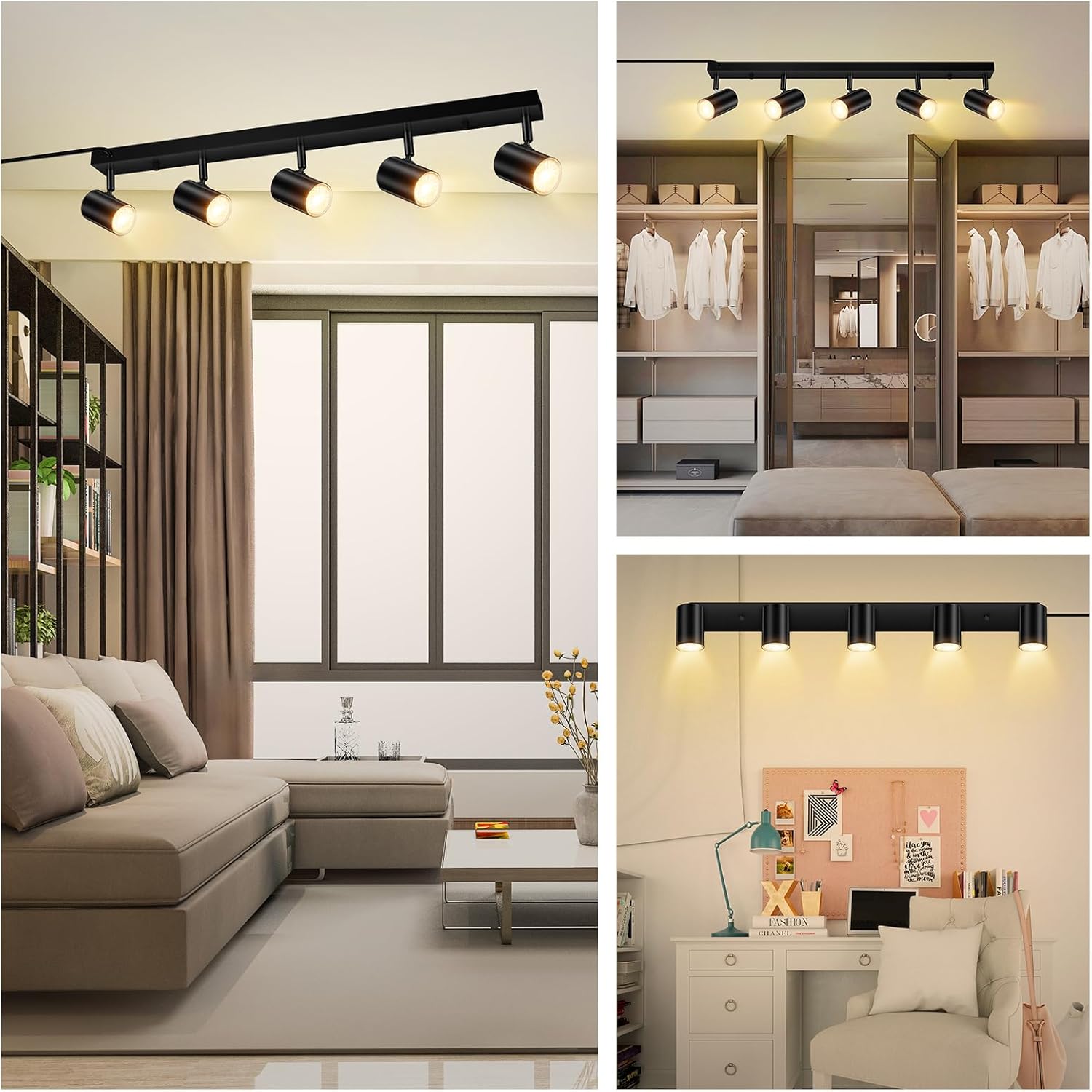 auquee 5 light track lighting kit,black 5 way modern plug in ceiling spotlight,industrial led wall light for kitchen cabinet gallery bar hallway living room,rocker switch,15 foot cord(no bulb) 5 light-black