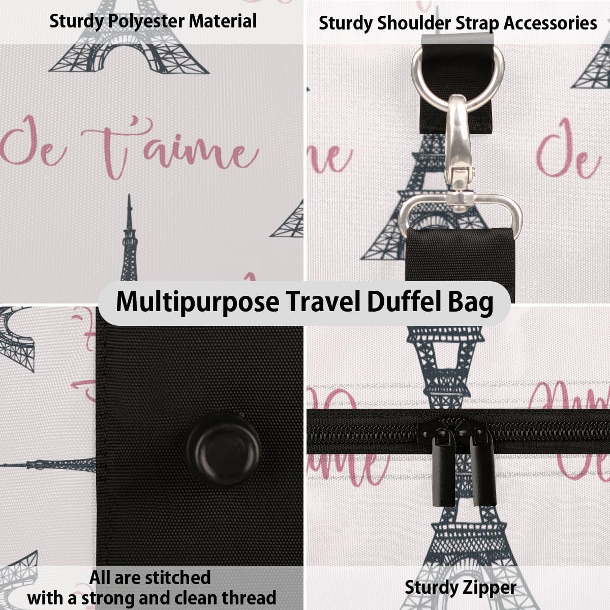 Paris Tower Travel Duffel Bag for Women Men Large Capacity Overnight Weekender Bags for Lightweight Waterproof Sport Gym Bag for Workout Yoga Swim