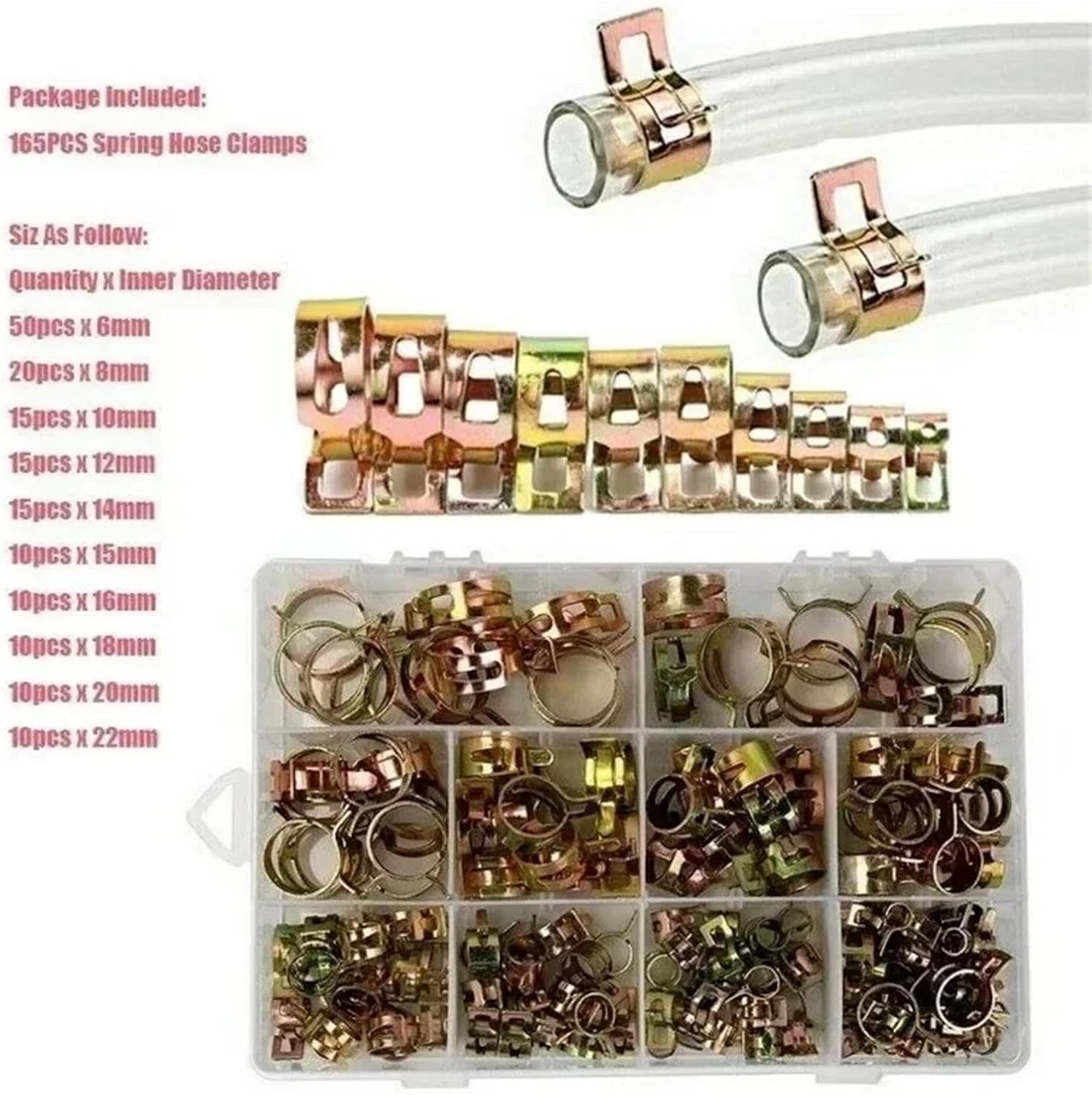 165pcs 6mm-22mm Spring Clip Fuel Water Line Hose Pipe Air Tube Clamps Fuel Water Tube Clamps Fastener Assortment Kit