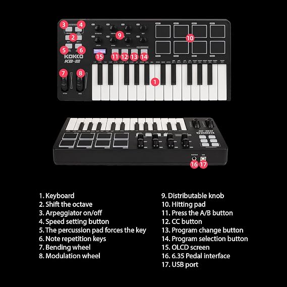 MIDI Keyboard Controller Beat Maker Hine 25 Keys MIDI Keyboard Portable Arranging Strike Pad MIDI Assignable Knobs Buttons Faders USB 5V Power Supply for Music Production