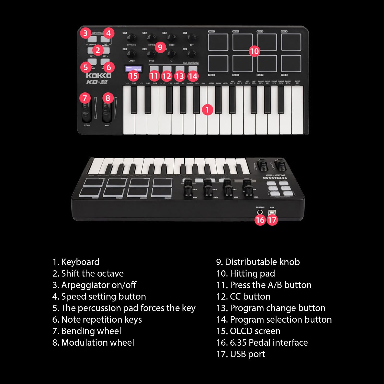 Controlador de teclado MIDI Beat Maker Machine Teclado MIDI de 25 teclas Pad de arreglos portátil Perillas asignables MIDI Botones Faders Fuente de alimentación USB de 5 V para producción music