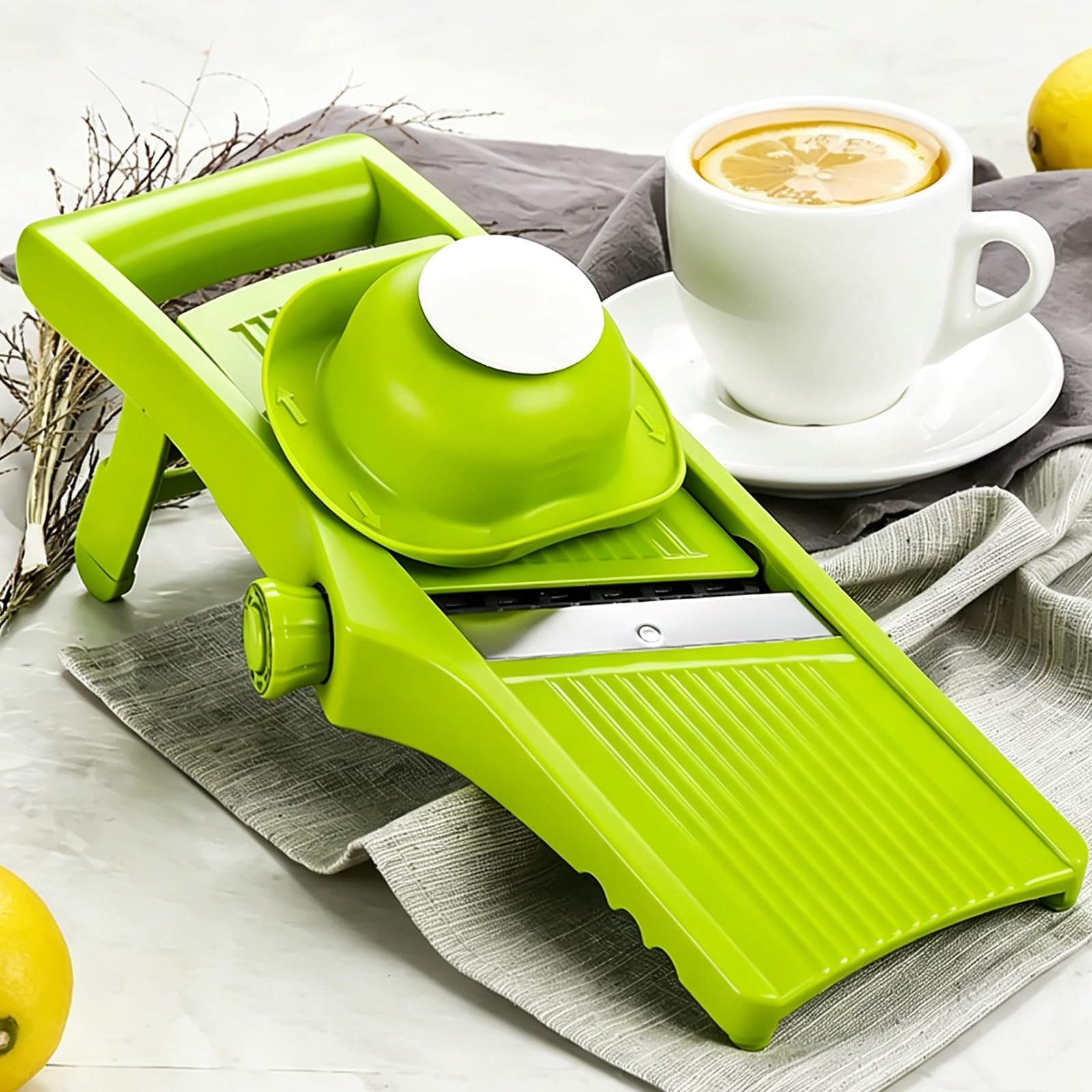 Mandolina de Cocina Ajustable, Cortador Patatas y Verduras Manual, con Protector de Seguridad y Guantes, 9 Ajustes Grosor, Juliana, Rebanada, Dados Corte Ondulado