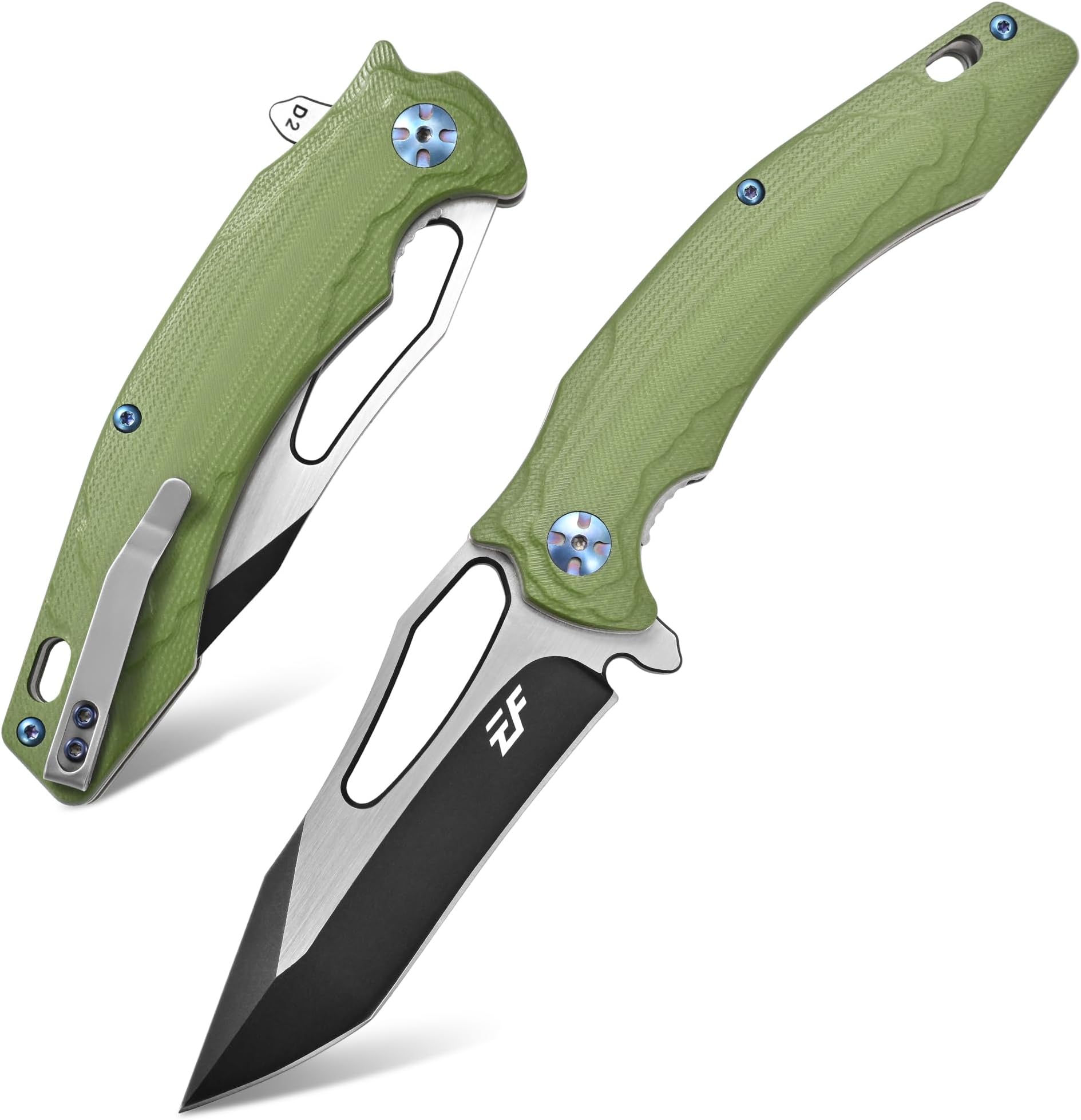 EF915 Folding Knife D2 Steel Blade with Black-Oxide Coating; G10 Handle with Ball Bearing Safe Open Flipper Knife, Locking Liner and Pocketclip for Camping Work (Green)