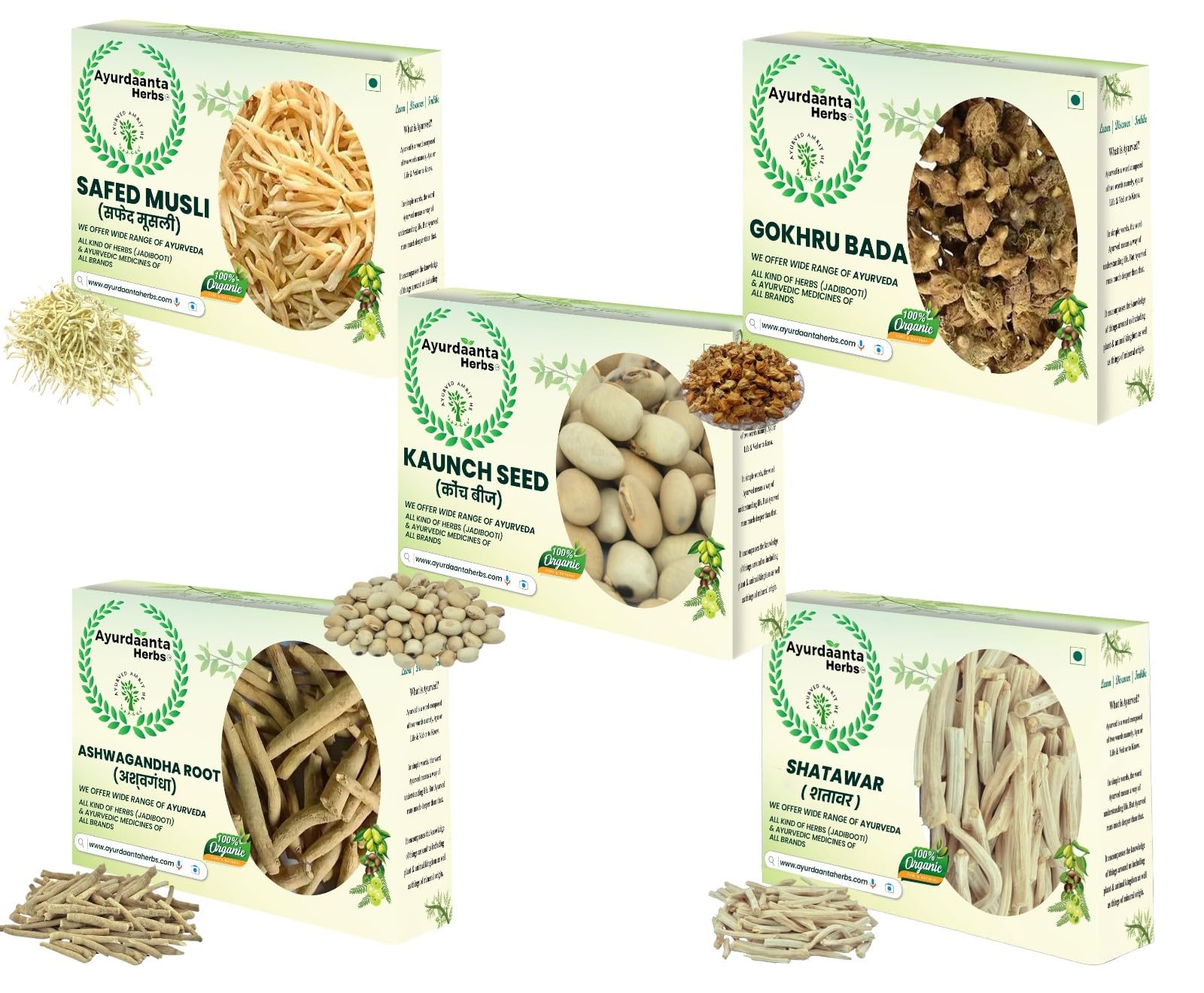 Safed Musli, Ashwagandha, Shitawar, Gokhru, Kaunch Beej - 5 in 1 Special Combo Of Grade-1 quality Of Raw Herbs (50gx5)