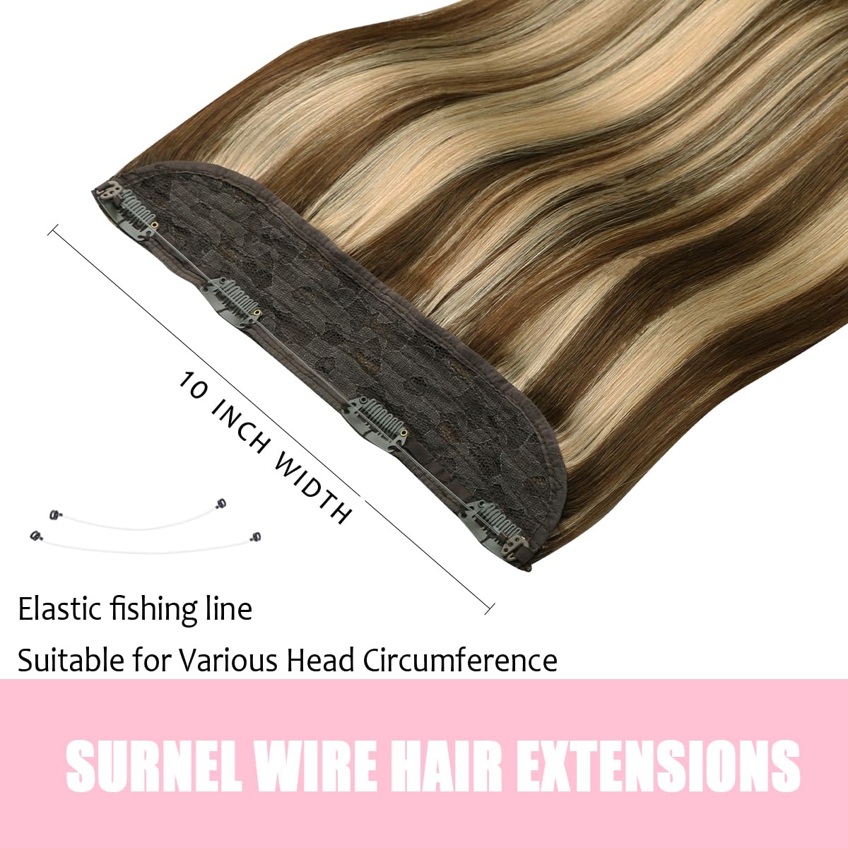 SURNEL Wire Hair Extension Invisible Fish Line Hair Extensions Human Hair Color 4 Medium Brown Highlighted 27 Caramel Blonde Wire Hair Extensions for Women 16 inch 65g(#4P27,16inch)