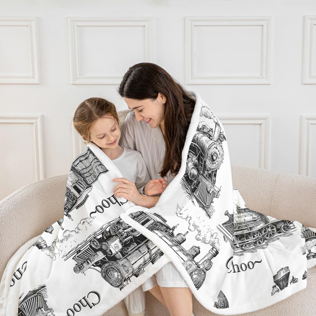 Retro Train Kids Blankets,Black Sketch Steam Locomotive Train Throw Blanket for Boys Teens Girls Room Decor,Old Transportation Car Fleece Blanket Soft White All Season Sherpa Blanket