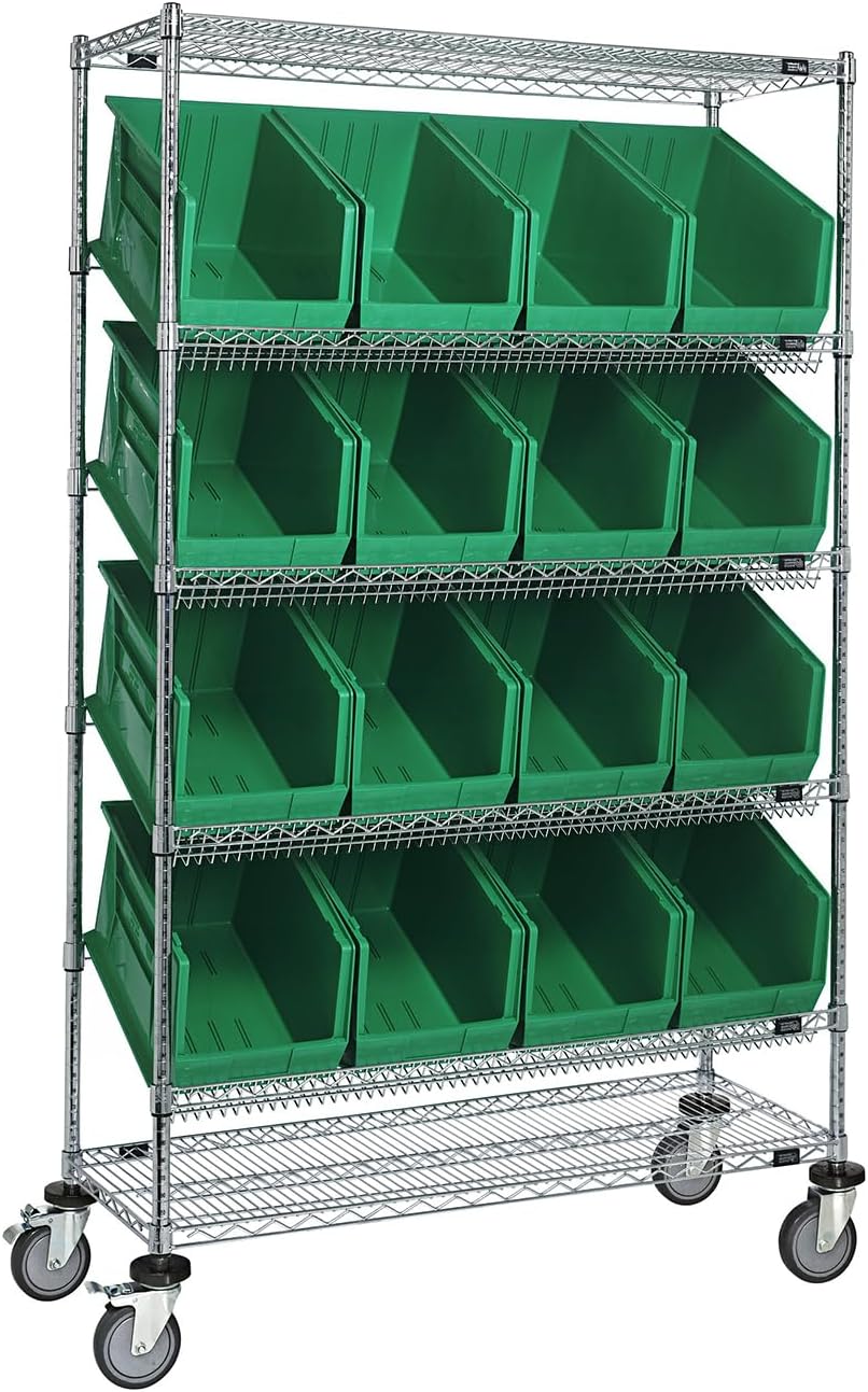 Quantum Storage Systems WRS-5-92035BL Wire Slanted 5 Shelves 12 Dividable Grid Blue Bins 63" H x 36" W x 18" D