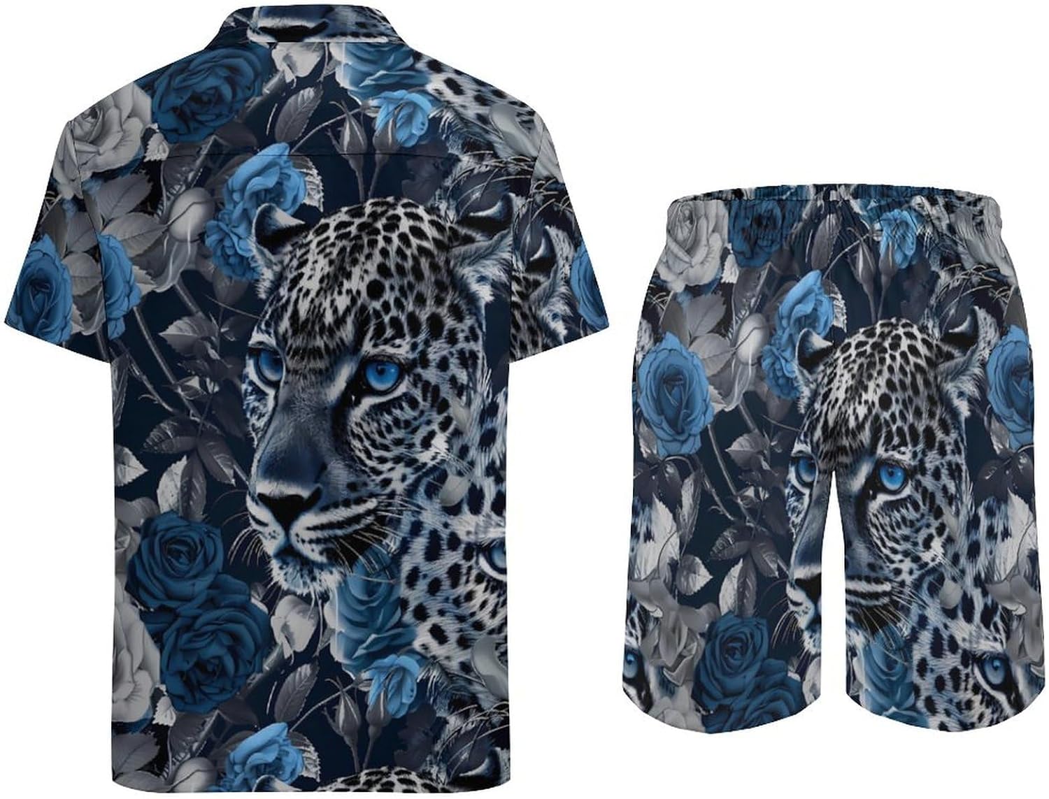 Leopard with Blue Eyes Rose Men's Summer Beach Outfits Shirt And Shorts Set 2 Piece Vacation Swimwear