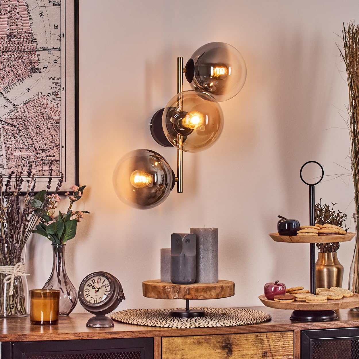 HOFSTEIN Wandleuchte Gastor, Wandlampe aus Metall/Glas in Schwarz/Gold/Rauch/Bernstein/Klar, Leuchte im Retro/Vintage-Design (Schirme Ø 15 cm), E14, Wohnzimmer, Schlafzimmer, Küche, Flur, Treppenhaus