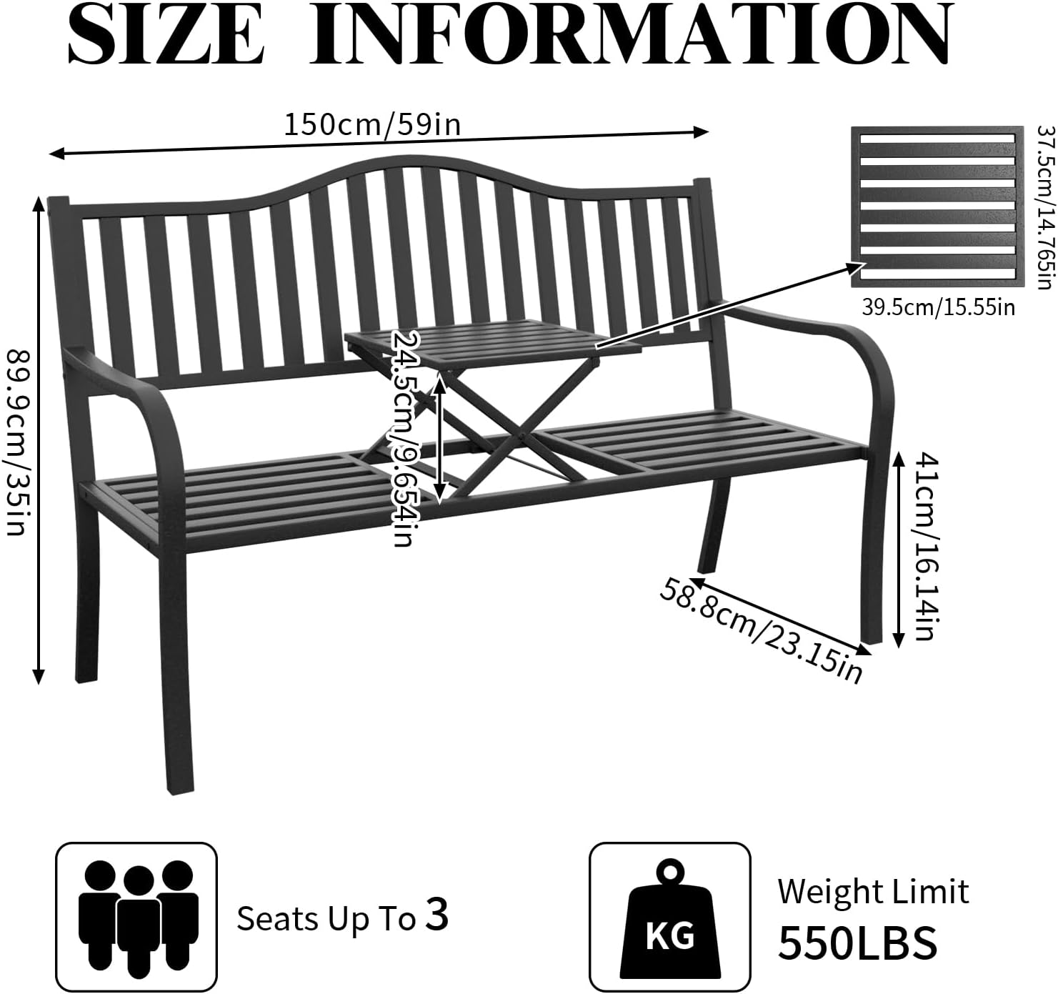 SHGJ&SOFT Outdoor Bench, Garden Bench,Outdoor Metal Frame Patio Park Bench with a Small Table,for Porch, Lawn,Garden,Yard (BK-04)