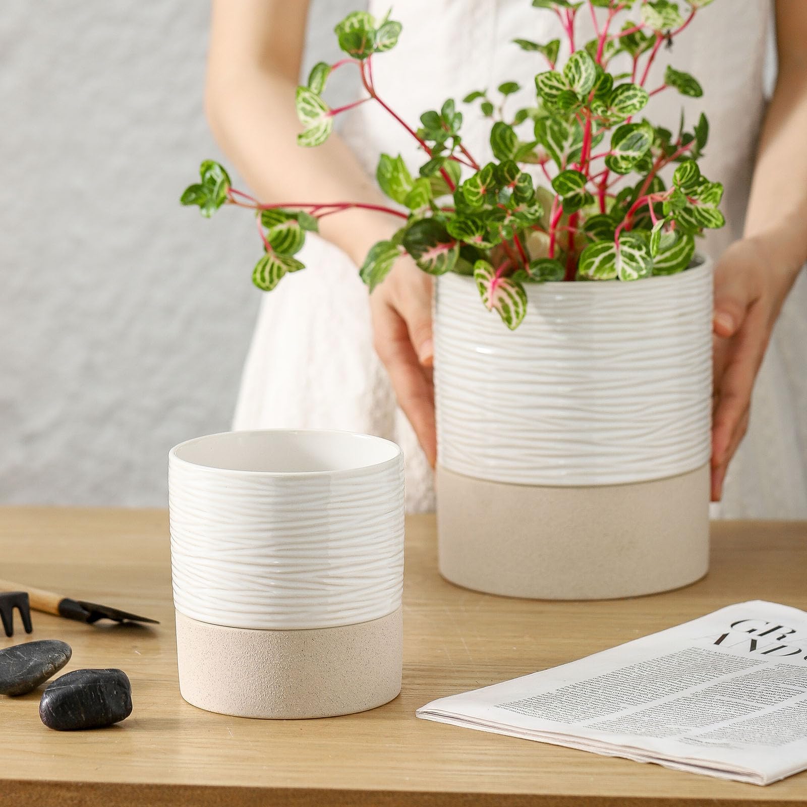 Nihow Selbstbewässernder Blumentopf für Zimmerpflanzen: 11,4 cm + 15,2 cm Keramik-Pflanzgefäß mit Ablaufloch & Wasserspeicher Plus – Zylinder-Blumentopf mit Docht für Kräuter – Weiß & Braun