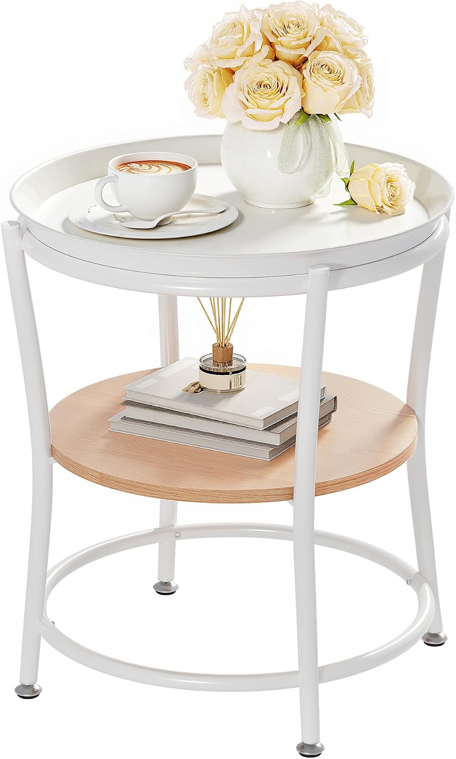 YITAHOME Round Side Table with Two-Tier Storage & Removable Tray, Oak ...
