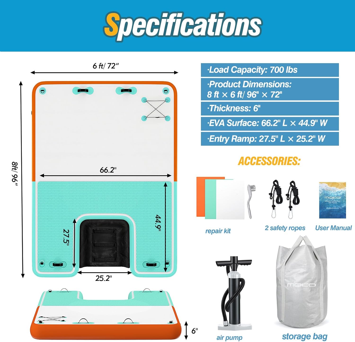 MoKo Inflatable Floating Dock, Air Dock with Water Access Ramp, Floating Platform with Non-Slip EVA Surface for Lake, Pool, Boat Family Party Up to 4-6 People, Mint Green + Orange