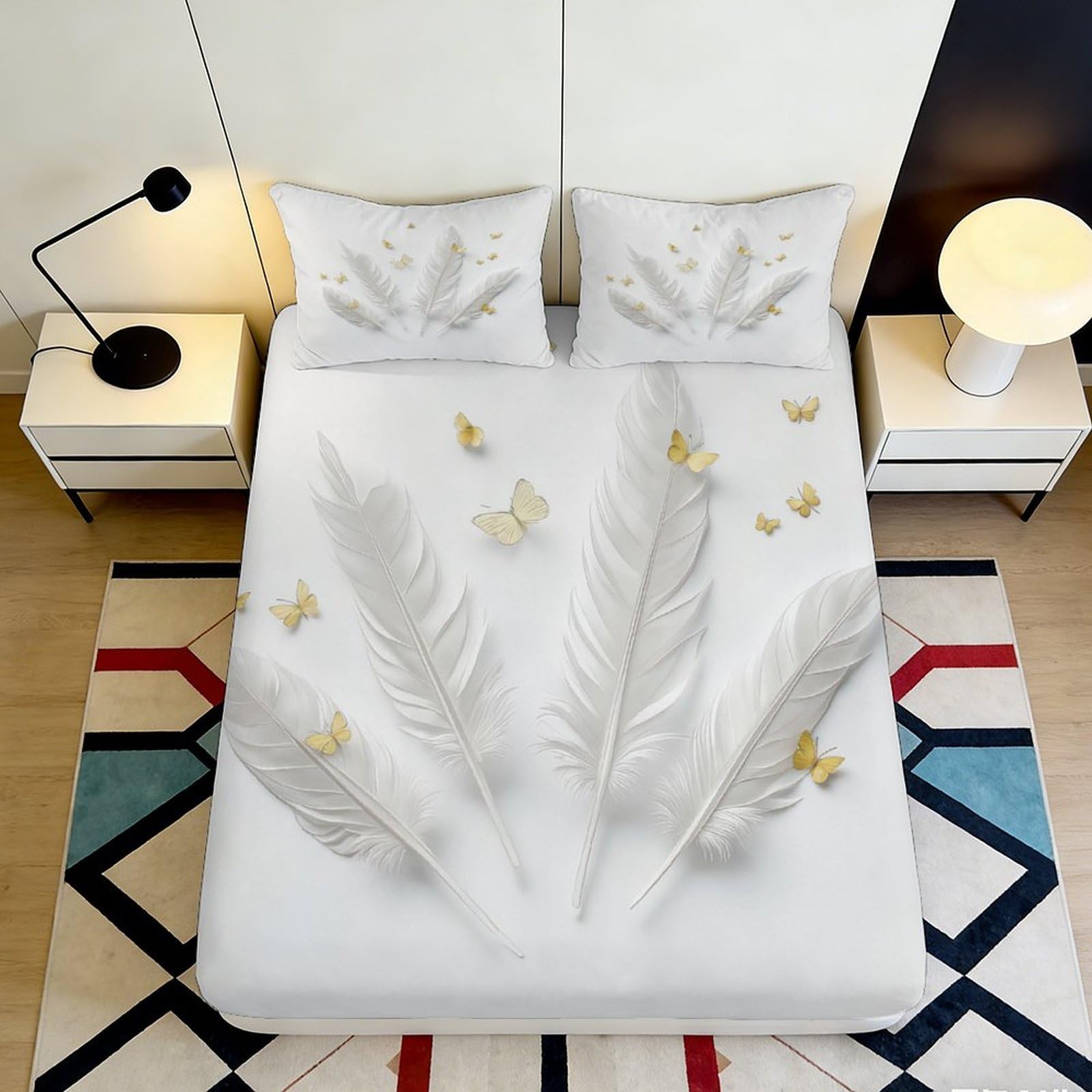 3D Printed Feather Butterfly Fitted Sheet Microfiber Soft Breathable 3D Feather Design Mattress Cover for Bedroom Dormitory Guest Room Mattress Protection 200x200x25cm