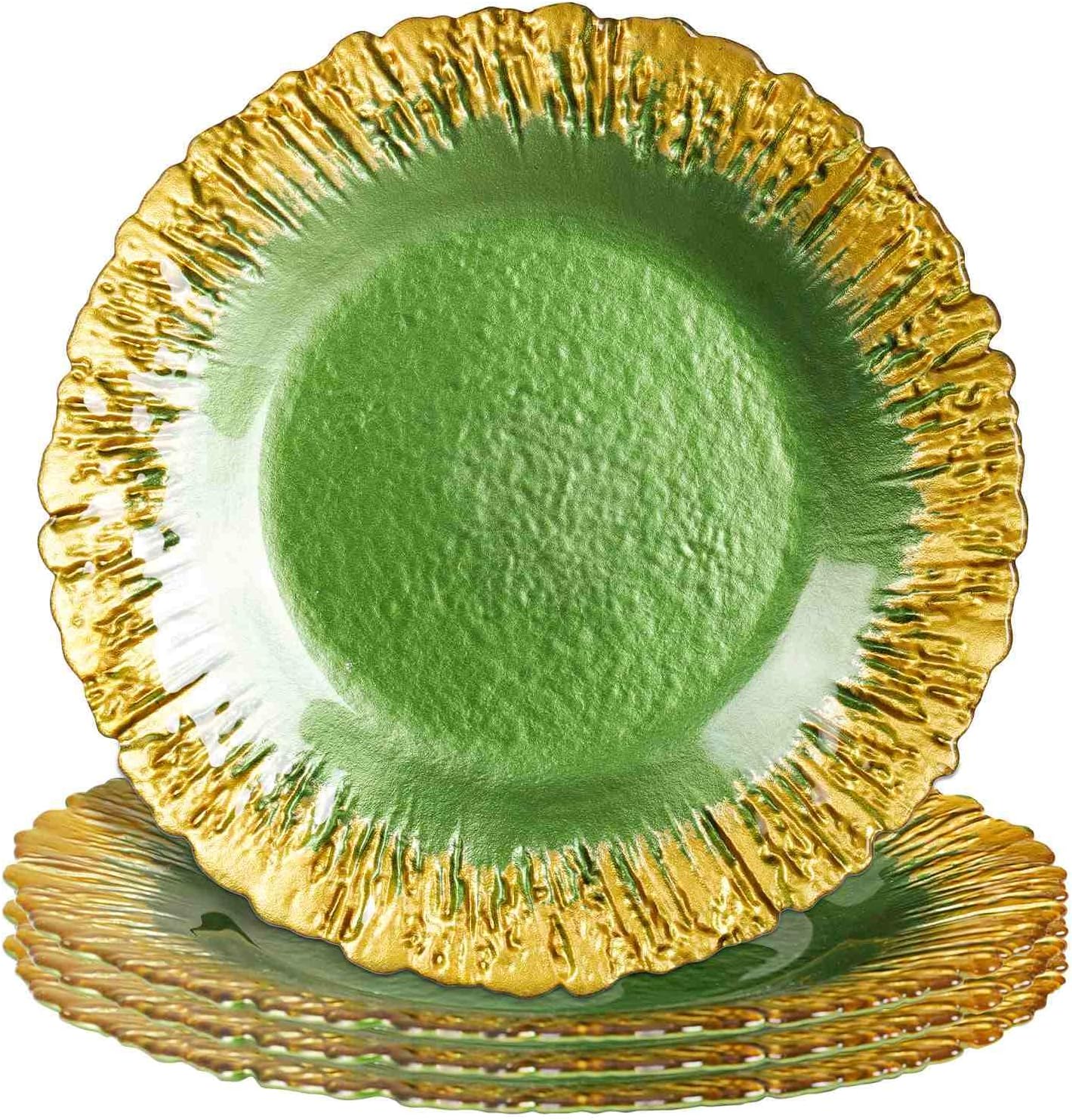 SL Wedding Decor Glass Charger Plates of 13 Inch, Set of 4 Heavy Duty Glass Chargers Service Plates, Green Glass Chargers for Dinner Plates with Gold Trim for Parties Events (Green with gold trim)