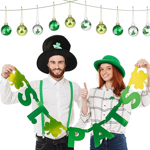 Miniatura 7 de Teling 36 piezas de adorno colgante del día de San Patricio trébol bola de plástico trébol sombrero de trébol bolas decorativas para suministros de