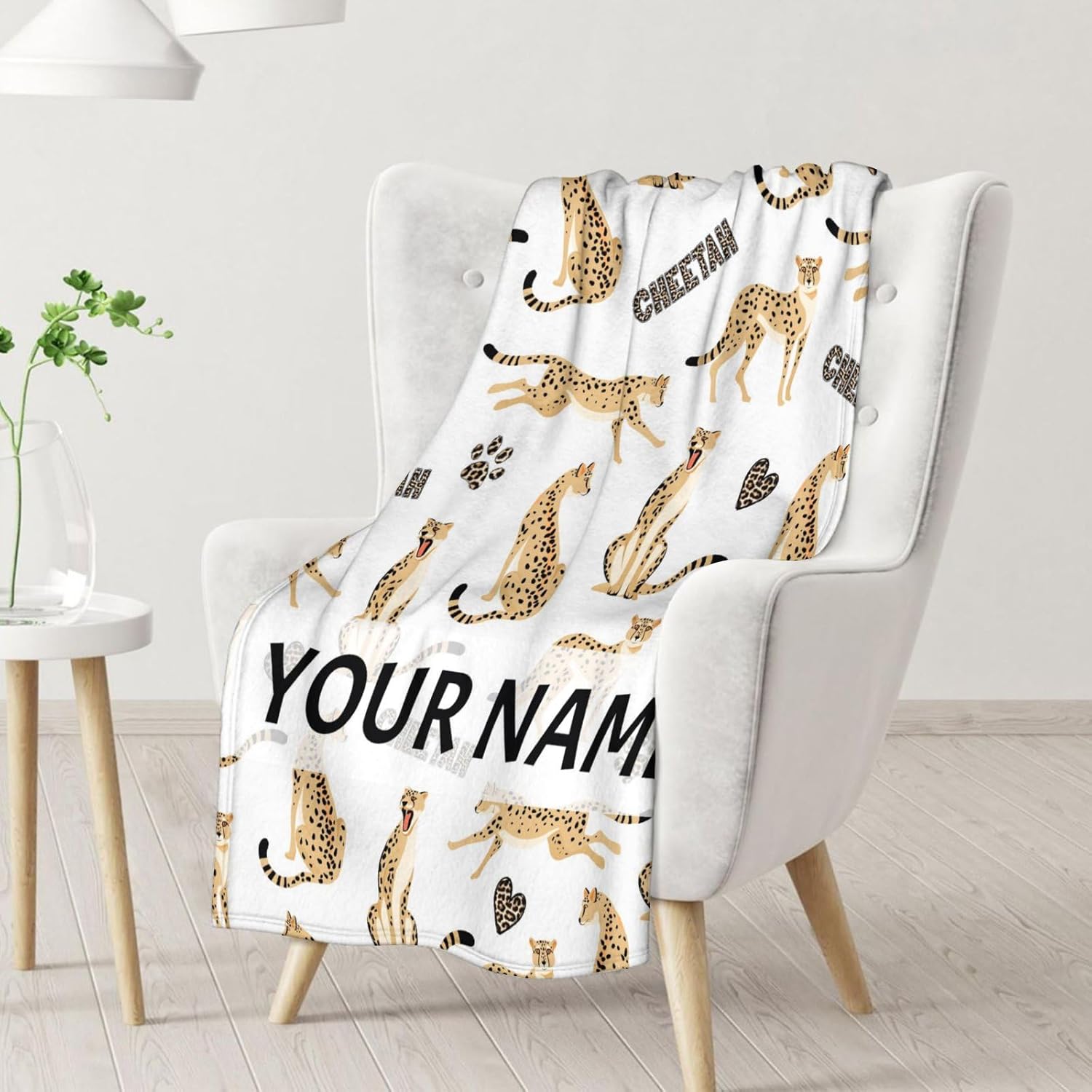 Custom Cheetah Blankets with Name - Soft Warm Leopard Blanket Throw for Kids & Adults - 50"x60" Flannel Blankets for Bed, Couch, Sofa - White Cute Blanket Gifts