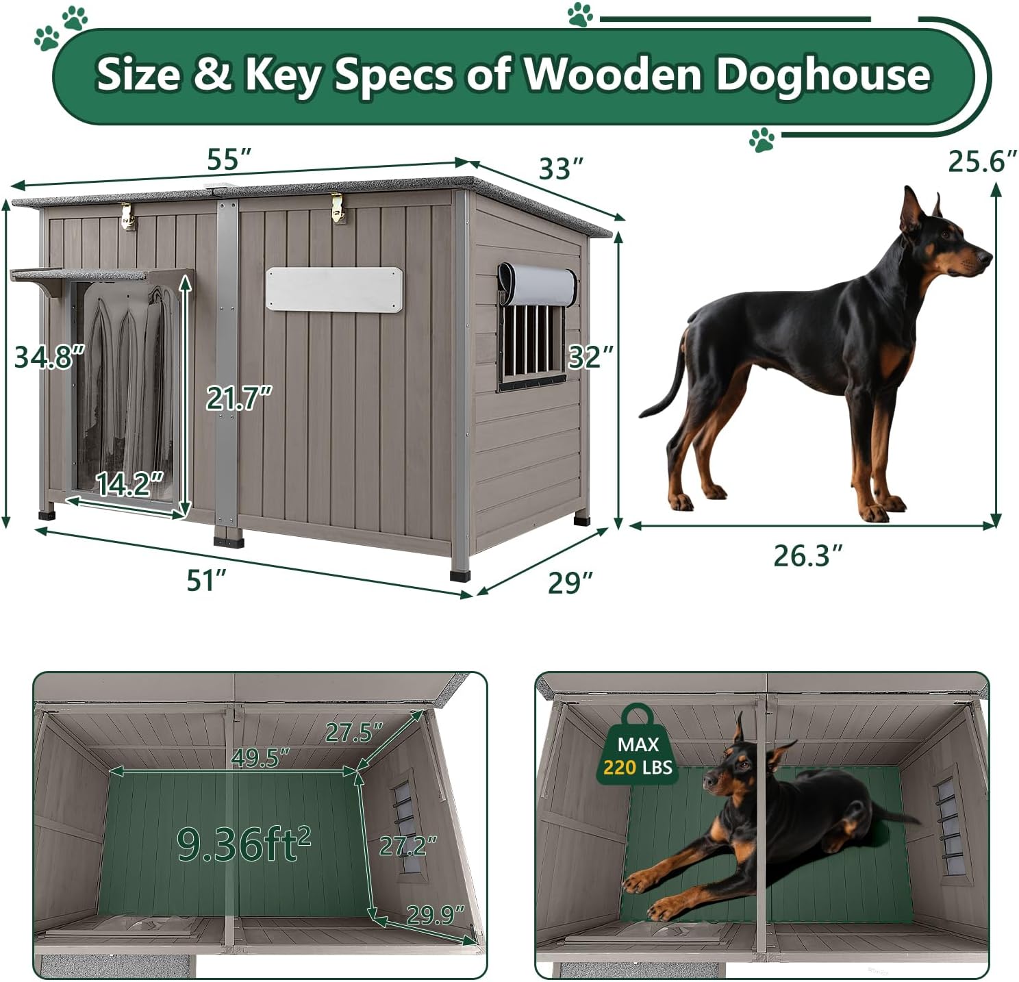 Dog house with window and door flaps in various settings