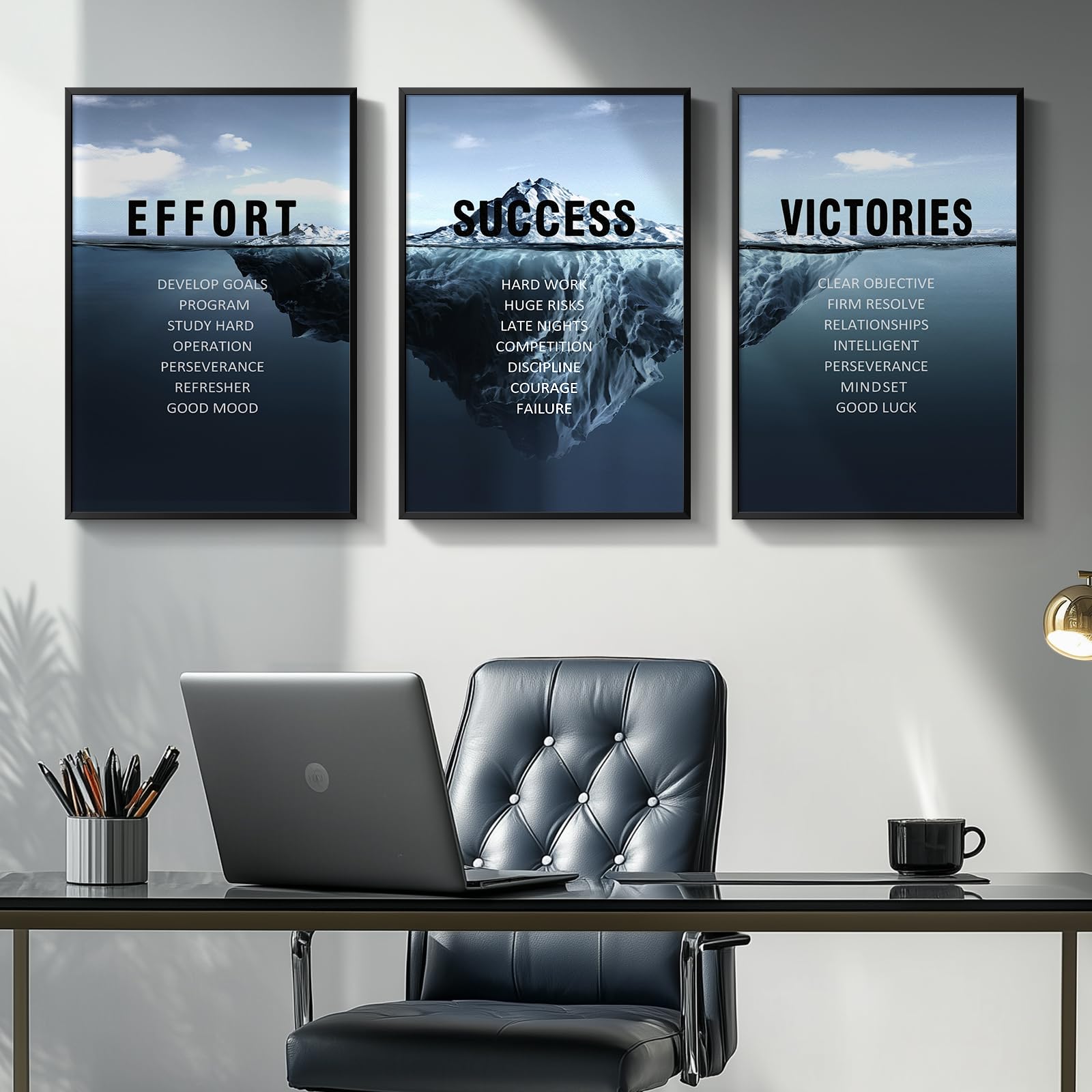 Framed Motivational Wall Art for Office Wall Decor, Set of 3 Piece Navy Blue Ocean Iceberg Canvas Paintings Artwork for Walls, Effort Victories Success Words Inspirational Quotes Art Prints Pictures for Home Office Gym Decor