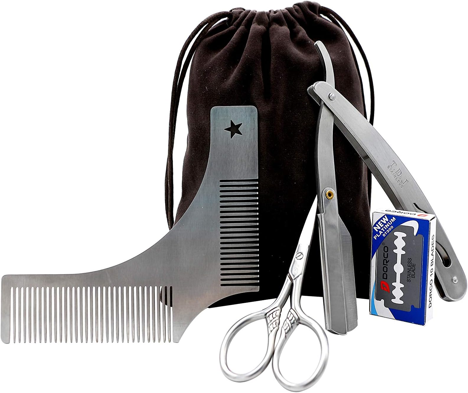 Beard Grooming Kit for Men, Beard Shaping Styling Gift Set with Inbuilt Comb, Straight Edge Razor, 10 Double Edged Blades, Scissors &Bag ¨C 3 In 1