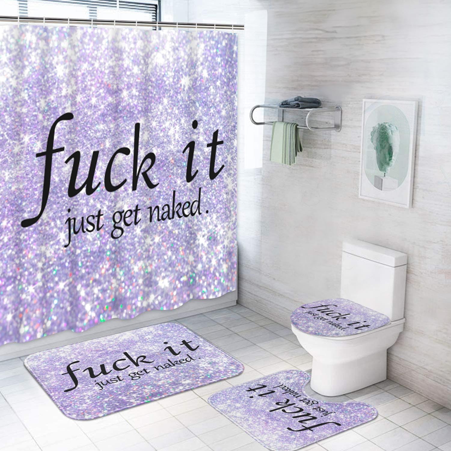 Ensemble rideau de douche drôle violet et tapis antidérapant pour éviter les glissades