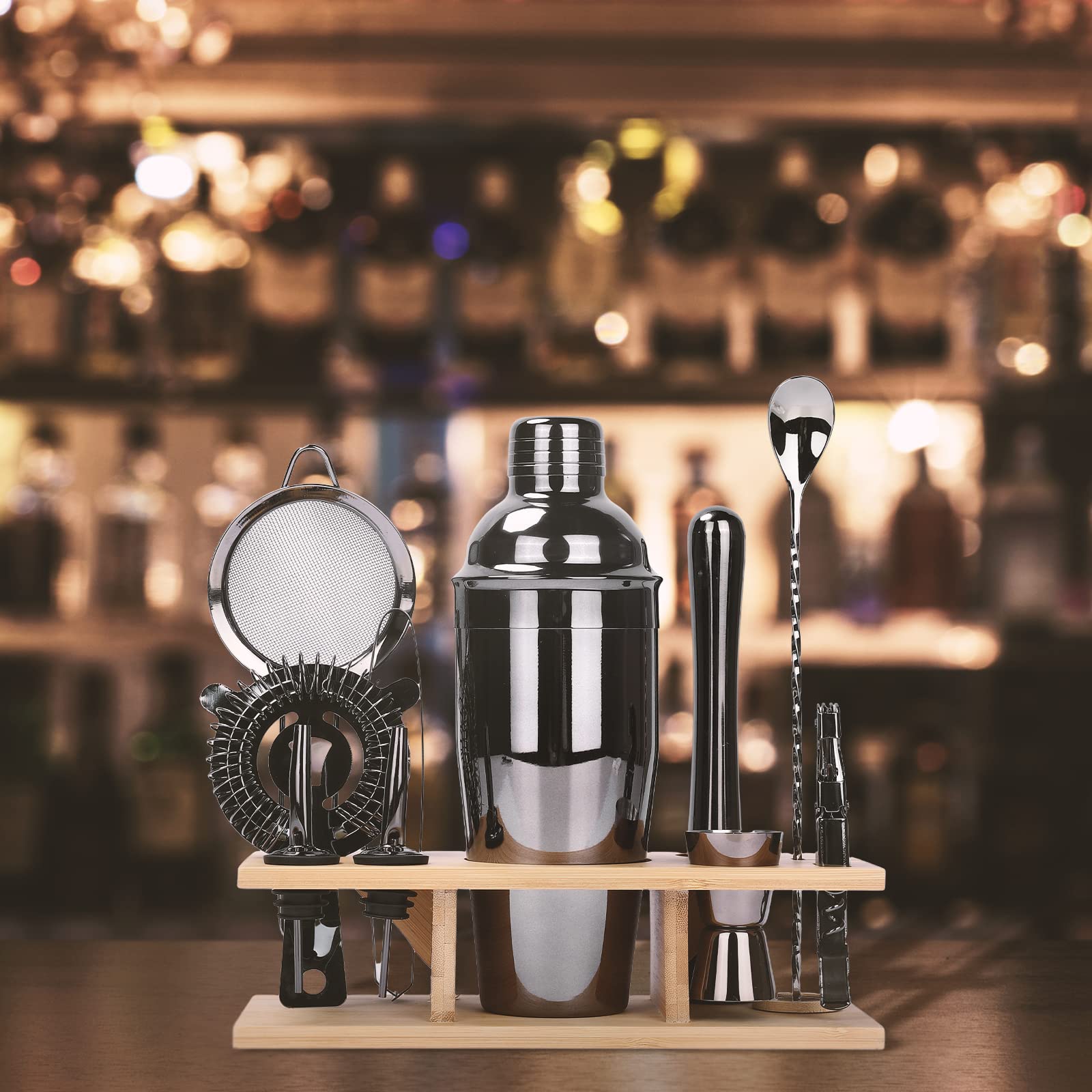 JNWINOG 12-Piece Bartender Kit – Cocktail Shaker Set With Bamboo Stand, Black & Gold, 17oz - View #5